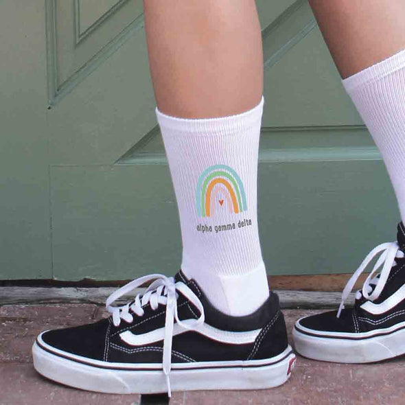 Alpha Gamma Delta sorority crew socks digitally printed with rainbow design