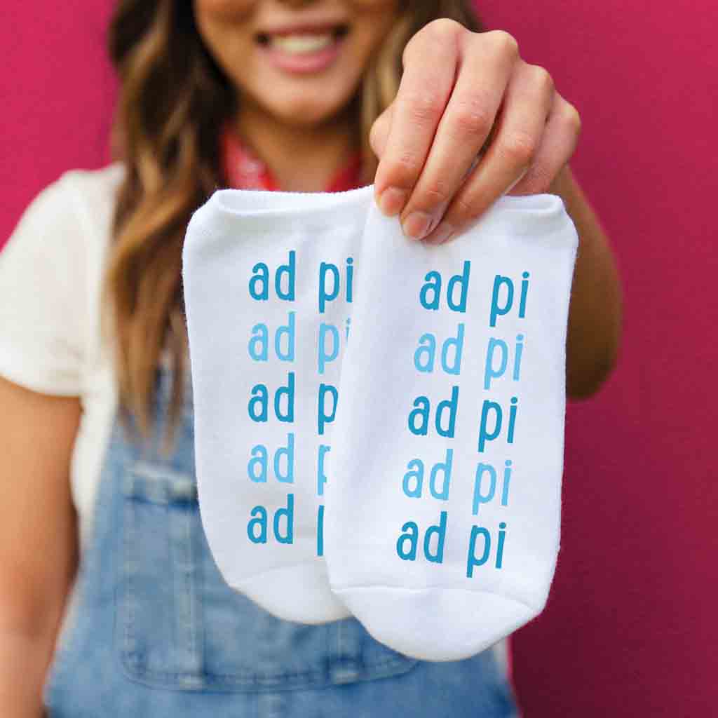 Custom no show socks digitally printed with Alpha Delta Pi sorority