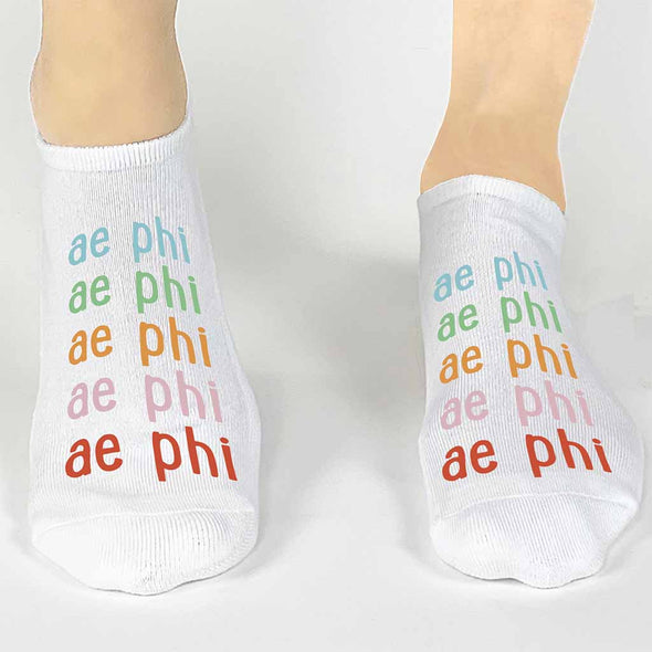 Alpha Epsilon Phi sorority digitally printed in rainbow colors on cute no show socks