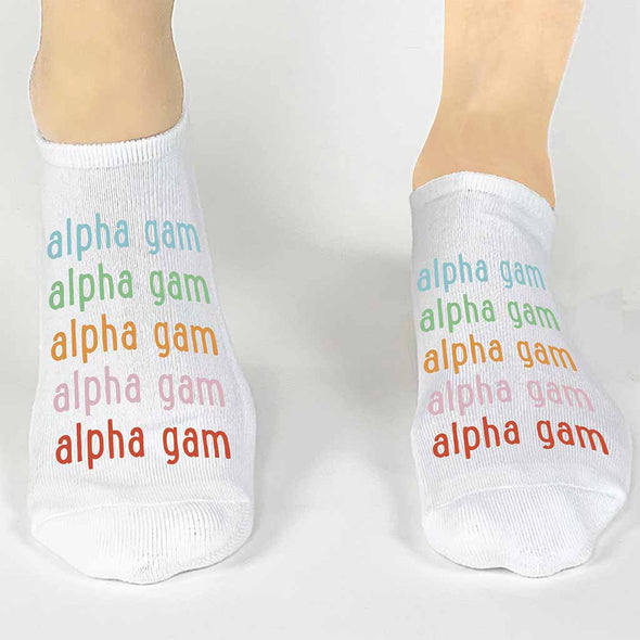 Alpha Gamma Delta sorority name custom printed in rainbow letters on comfy cotton no show socks