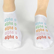 Alpha Omicron Pi sorority name printed in rainbow letters on cute no show socks