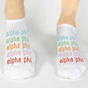 Alpha Phi custom printed in rainbow letters on cute cotton no show socks