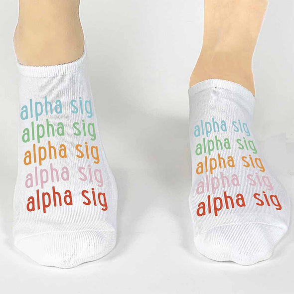 Alpha Sig rainbow sorority name custom printed on no show socks