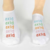 Alpha Xi Delta sorority name printed in rainbow on cute no show socks
