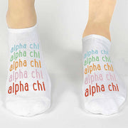 Alpha Chi sorority digitally printed in rainbow colors on comfy cotton no show socks