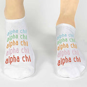 Alpha Chi sorority digitally printed in rainbow colors on comfy cotton no show socks