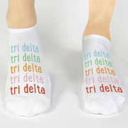 Tri Delta sorority printed in rainbow letters on custom no show socks