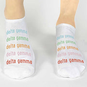 Delta Gamma sorority rainbow letters custom printed on cotton no show socks