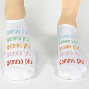 Gamma Phi Beta sorority custom printed in rainbow letter design on comfy no show socks
