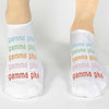 Gamma Phi Beta sorority custom printed in rainbow letter design on comfy no show socks