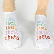 Kappa Alpha Theta sorority repeating rainbow letter design custom printed on cotton no show socks