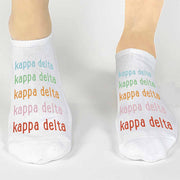 Kappa Delta sorority name in repeating rainbow letters custom printed on cotton no show socks 