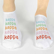 Kappa Kappa Gamma sorority custom printed in rainbow letter design on no show socks