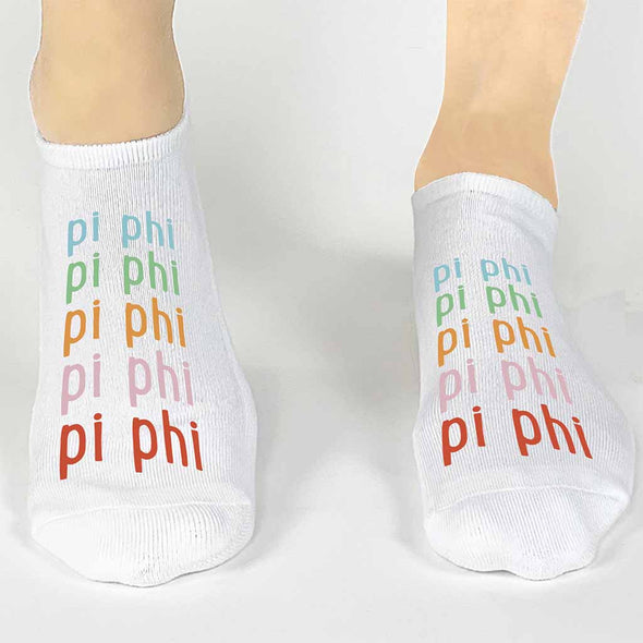 Pi Beta Phi sorority name in repeating rainbow letter design custom printed on cotton no show socks