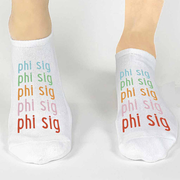 Phi Sigma Sigma sorority name in rainbow letter design custom printed on no show socks
