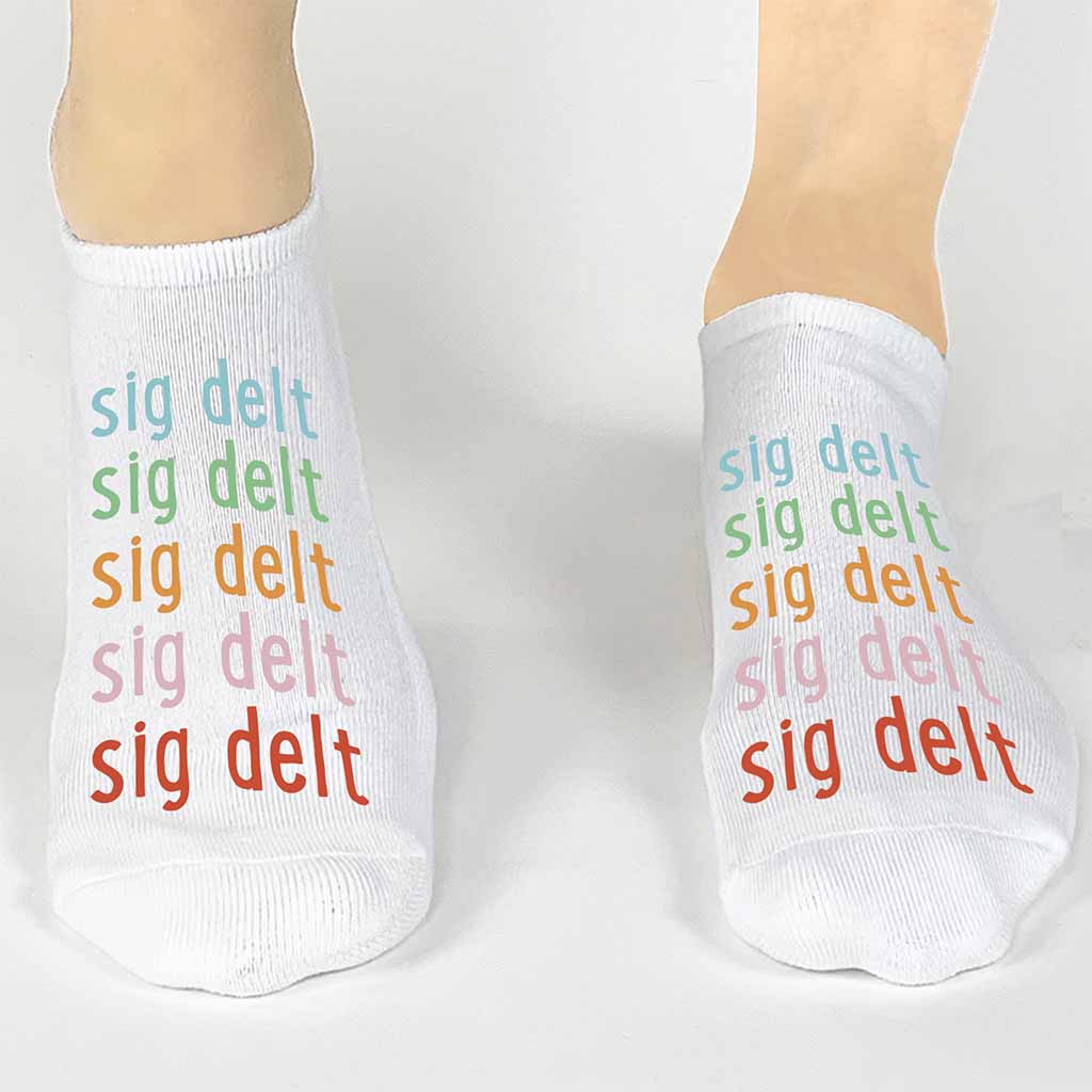 Sigma Delta Tau sorority custom printed repeating rainbow letter design on comfy cotton no show socks