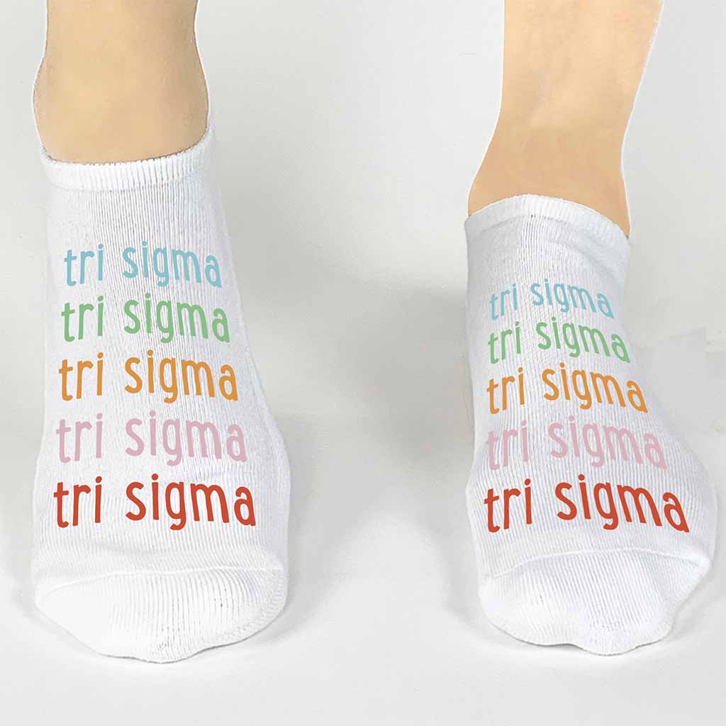 Tri Sigma sorority custom printed in rainbow letter design on comfy cotton no show socks