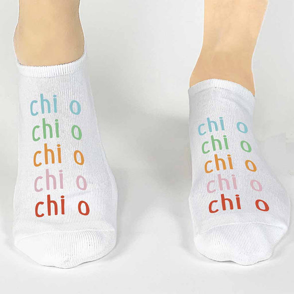 Chi Omega sorority cute repeating rainbow design custom printed on comfy no show socks