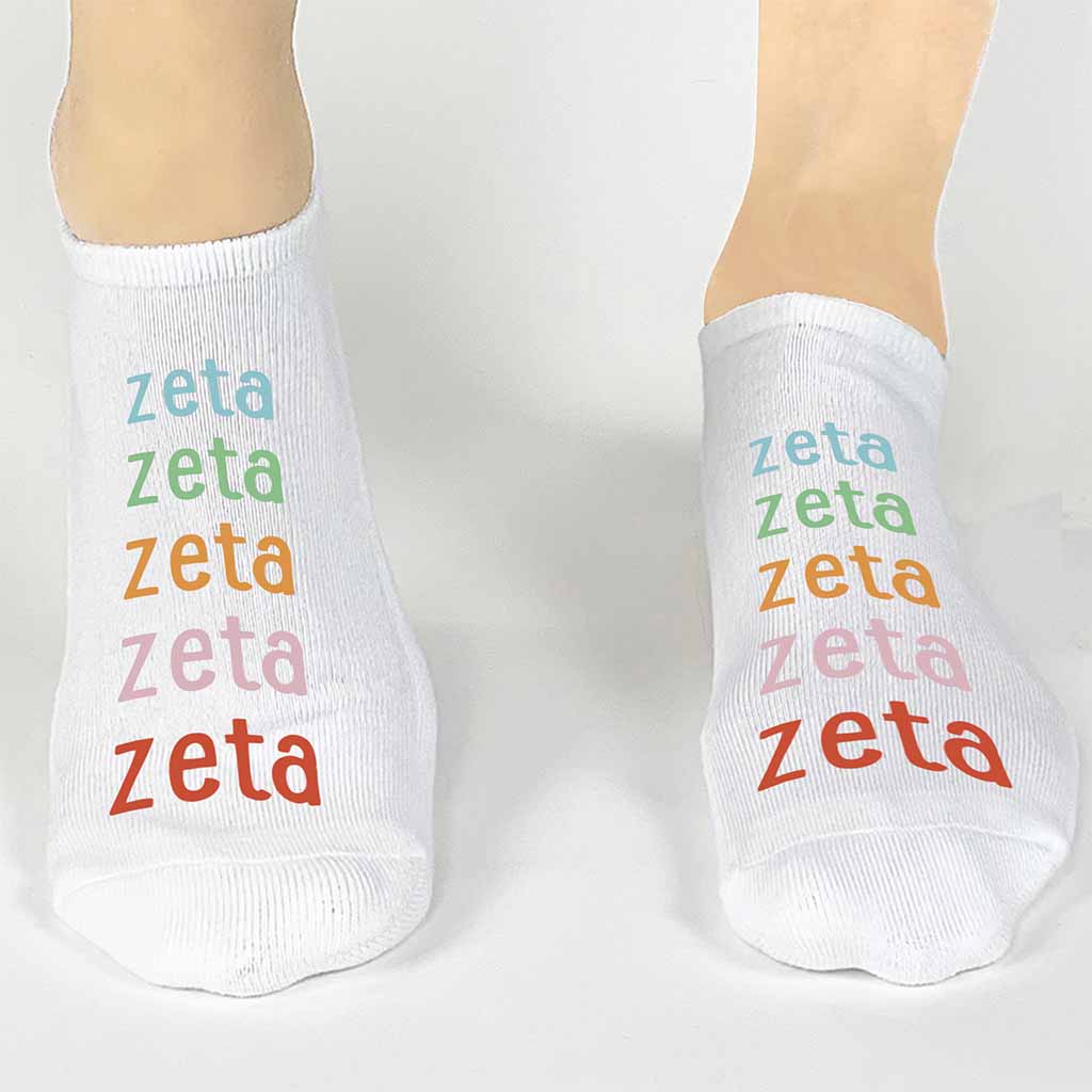 Zeta Tau Alpha sorority rainbow letter design custom printed on comfy cotton no show socks