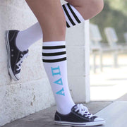 Alpha Delta Pi sorority letters digitally printed in blue on white with black stripes knee high socks