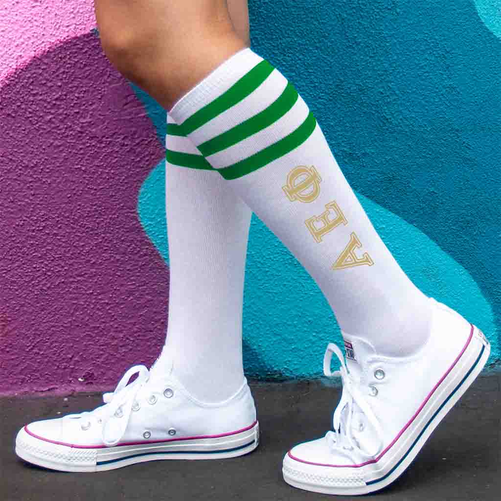 Alpha Epsilon Phi sorority digitally printed on striped knee high socks