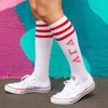 Alpha Gamma Delta sorority digitally printed on red striped knee high socks