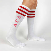 Alpha Gamma Delta sorority letters digitally printed on cotton red striped knee high socks