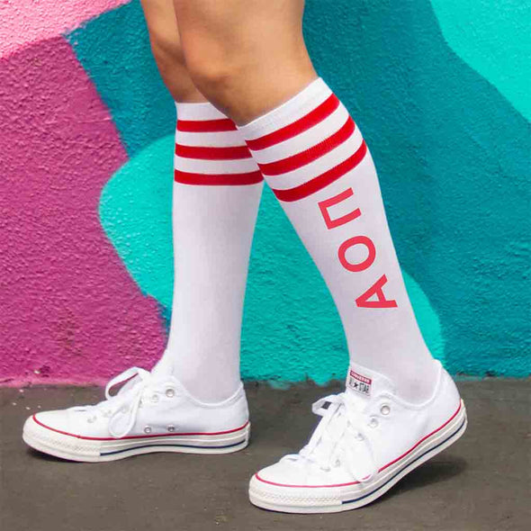 Alpha Omicron Pi sorority digitally printed on custom red striped knee high socks