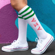 Alpha Sigma Alpha sorority digitally printed in pink on green striped knee high socks