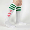 Alpha Sigma Alpha sorority letters custom printed in pink on green striped knee high socks