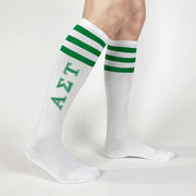Alpha Sigma Tau sorority custom printed in green on green striped knee high socks