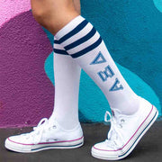 Alpha Xi Delta sorority letters digitally printed on cotton navy striped knee high socks