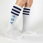 Alpha Xi Delta sorority letters custom printed on comfy cotton navy striped knee high socks