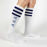 Tri Delta sorority letters custom printed on cotton navy striped knee high socks