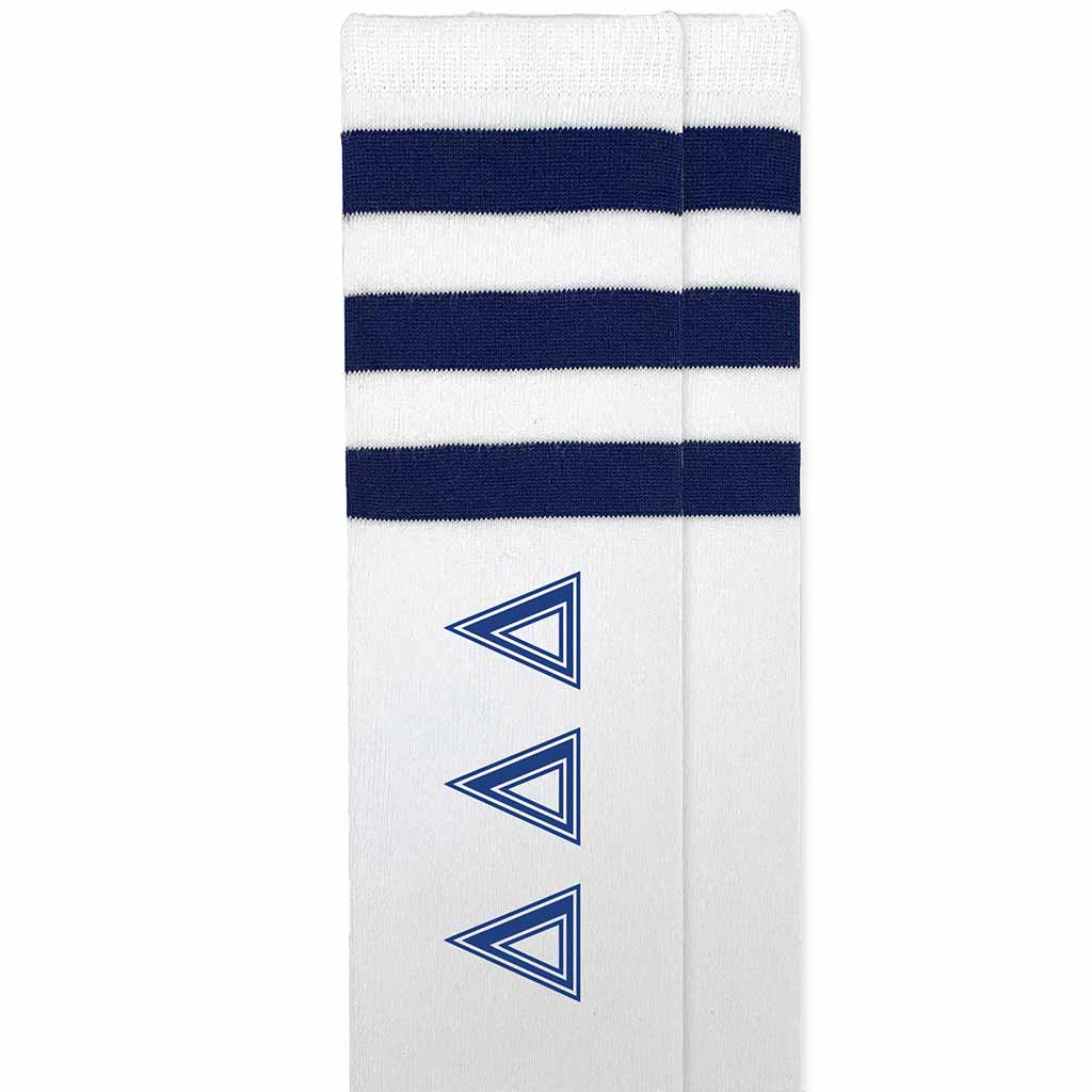 Delta Delta Delta sorority letters custom printed on cotton navy striped knee high socks