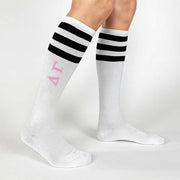 Delta Gamma sorority letters digitally printed in pink on cotton black striped knee high socks