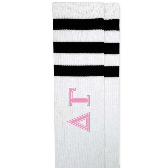 Delta Gamma sorority letters custom printed in pink on cotton black striped knee high socks