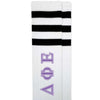 Delta Phi Epsilon sorority letters custom printed on cotton black striped knee high socks
