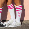 Delta Zeta sorority letters digitally printed on cotton fuchsia striped knee high socks