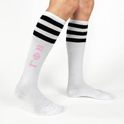Gamma Phi Beta sorority letters custom printed in pink on black striped knee high socks