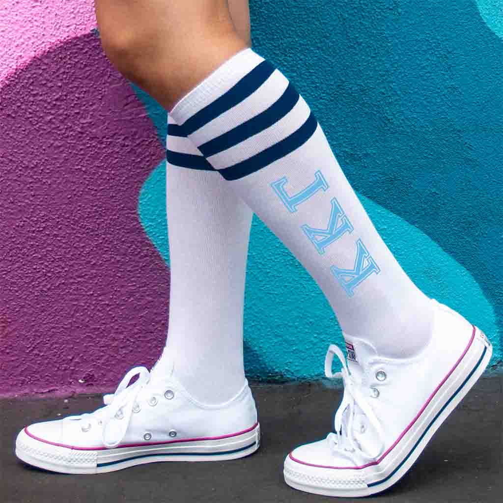 Kappa Kappa Gamma sorority letters digitally printed on comfy cotton navy striped knee high socks