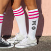 Phi Mu sorority letters digitally printed on cute fuchsia striped knee high socks