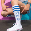 Phi Sigma Sigma sorority letters digitally printed on cotton royal blue striped knee high socks