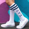 Sigma Delta Tau sorority letters digitally printed on cotton navy striped knee high socks