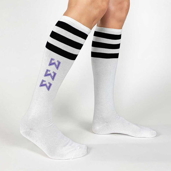 Sigma Sigma Sigma sorority letters custom printed on cute black striped knee high socks