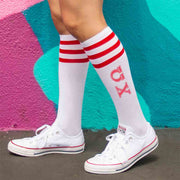 Chi Omega sorority letters digitally printed on cute red striped knee high socks