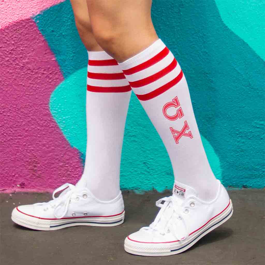 Chi Omega sorority letters digitally printed on cute red striped knee high socks