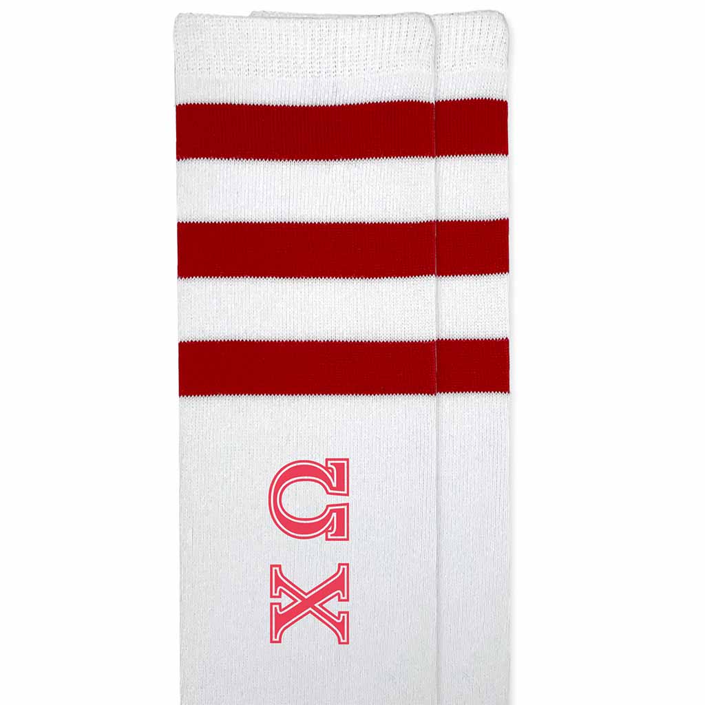 Chi Omega sorority letters custom printed on cotton red striped knee high socks