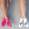 Big Little Sorority script writing custom printed on cute cotton no show socks available in white, fuchsia, turquoise, purple, or heather gray