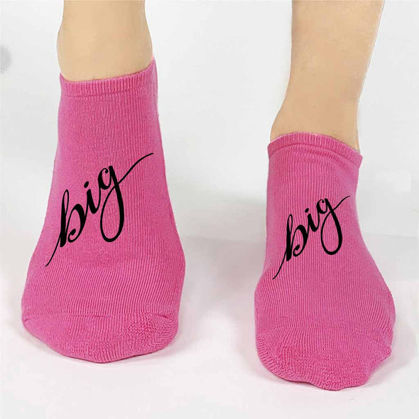 Big Little sorority custom printed on comfy cotton fuchsia no show socks make a great gift
